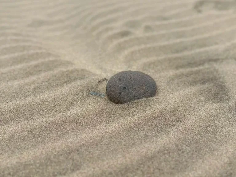 Single stone resting in rippled sand at Praia do Amado, Portugal