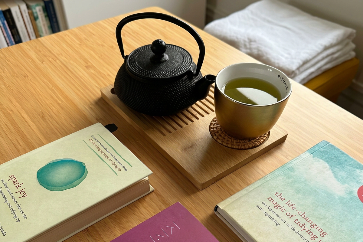A wooden table with a black cast iron teapot, a ceramic cup of green tea on a woven coaster, a book titled 'Spark Joy', and another book titled 'The Life-changing Magic of Tidying' with stacked towels in the background.