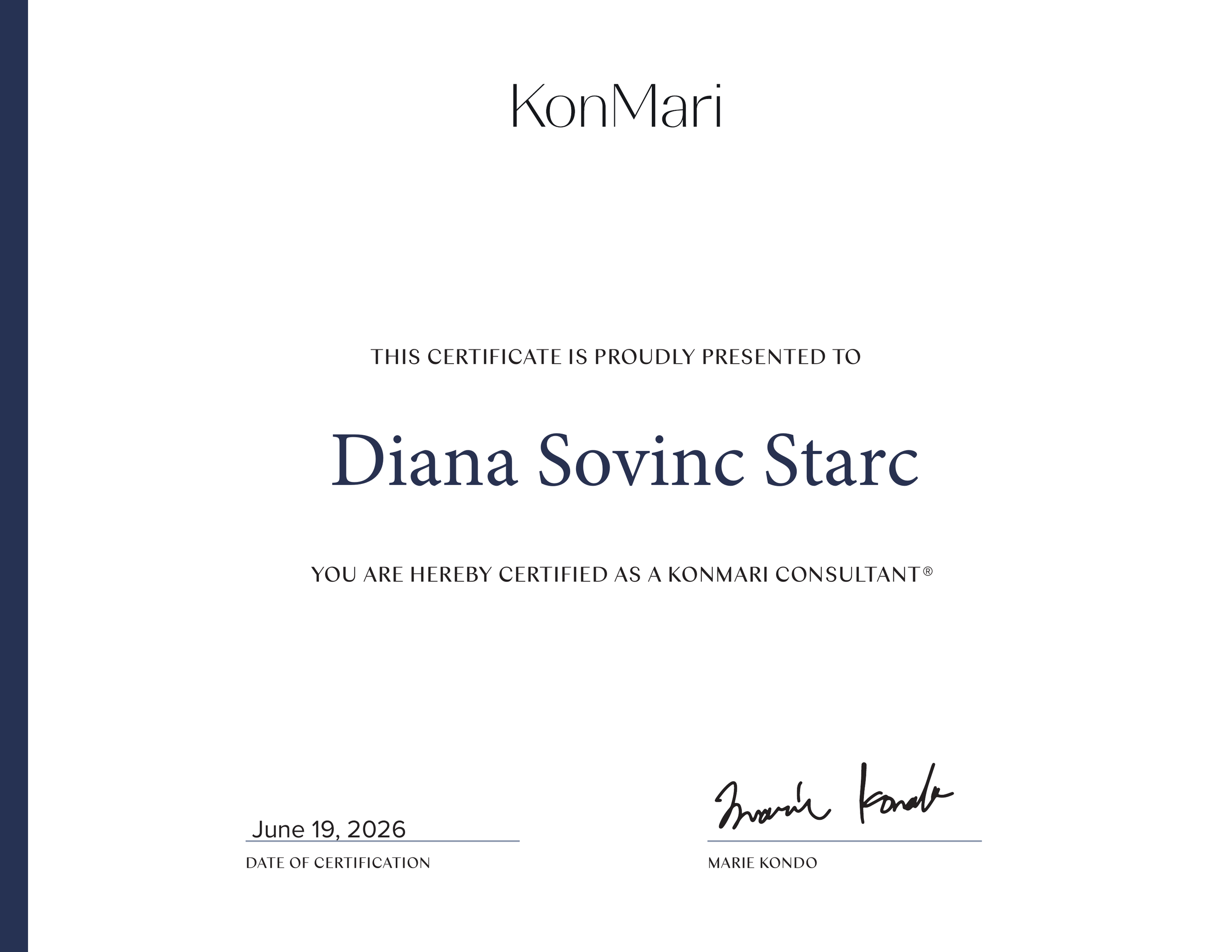 KonMari Consultant certification awarded to Diana Sovinc Starc in June 2026