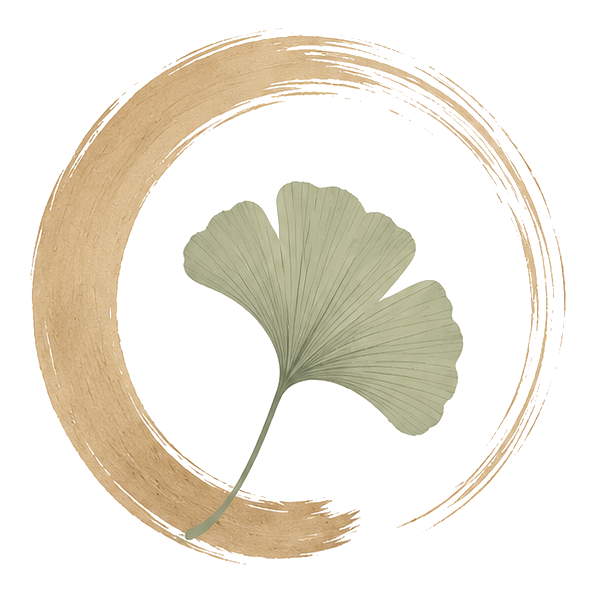 Zen Within Living logo with a gold Enso circle and sage green ginkgo leaf