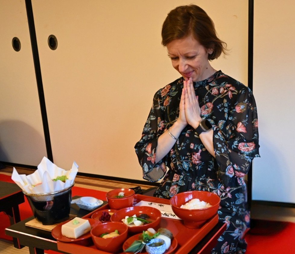 Diana Sovinc Starc enjoying a traditional Japanese meal at Tenryu-ji Temple in Kyoto, Japan.