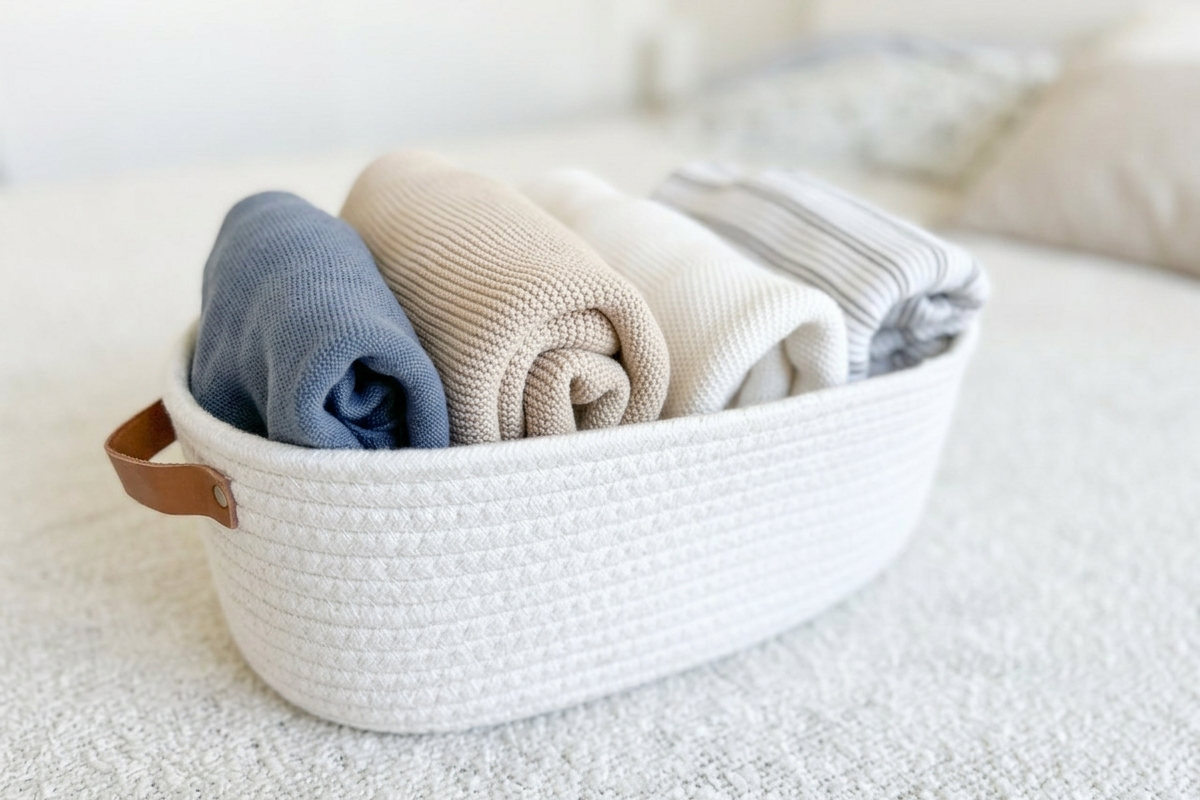 Folded knitwear arranged upright in a woven basket using the KonMari® Method.