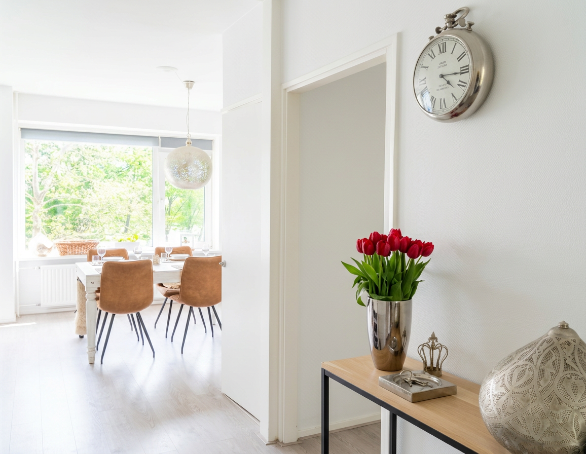 Bright interior of Diana's previous home in Amstelveen, the Netherlands, with red tulips and a dining area