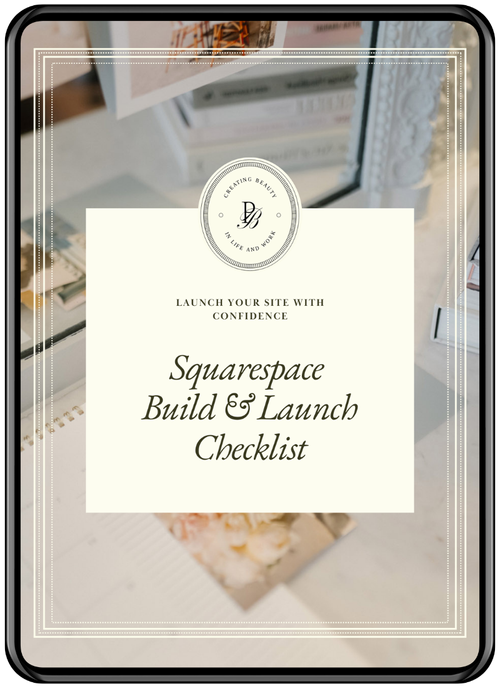 A digital checklist titled "Squarespace Build & Launch Checklist" on a tablet screen in a bright workspace. The checklist is in black and beige tones by Paige Bruton.