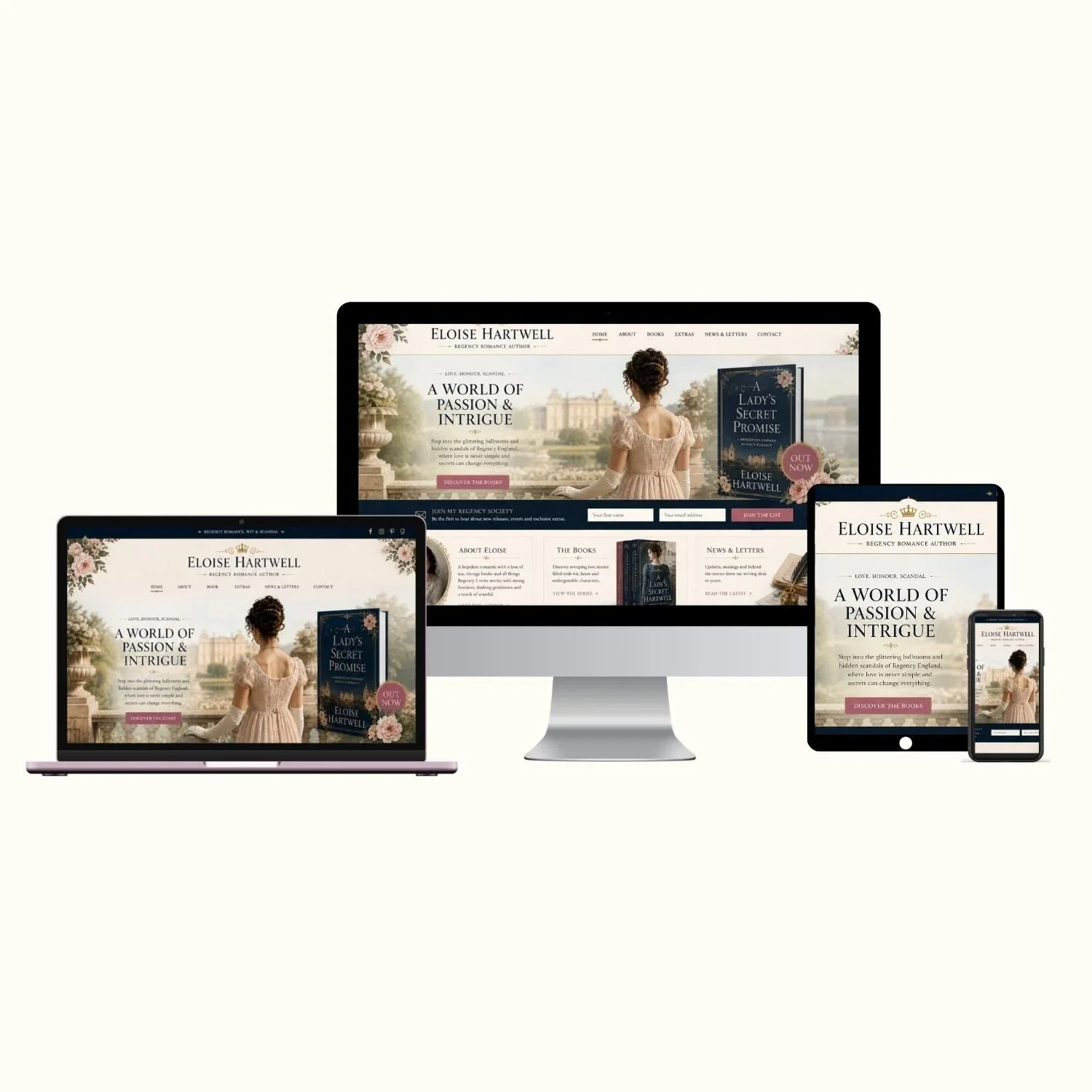 A collection of electronic devices including a desktop computer, laptop, tablet, and smartphone displaying a website for Eloise Hartwell, a Regency romance author. The website features a woman in a period dress, a castle in the background, and book covers.