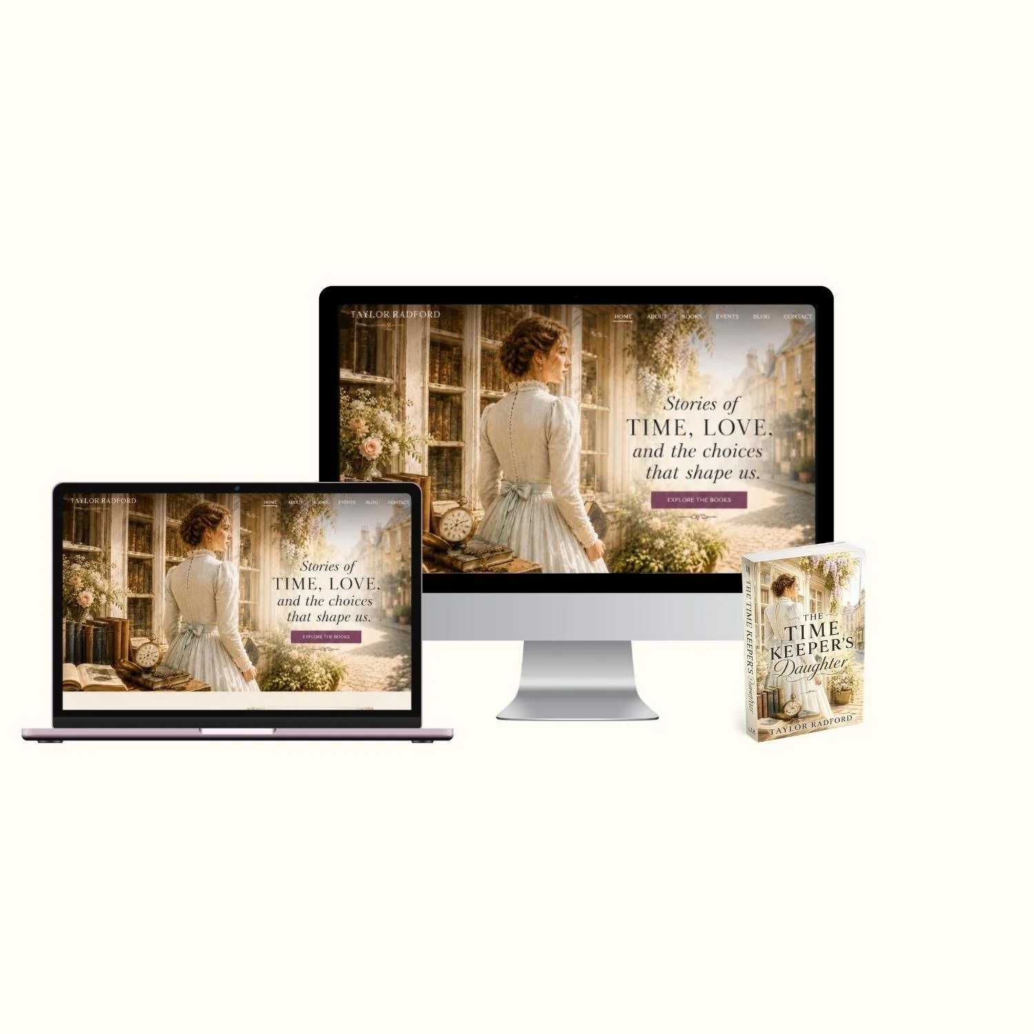 Multiple digital devices displaying a book-themed website featuring a woman in historical attire, a physical book titled 'The Time Keeper's Daughter,' and a scenic outdoor background.