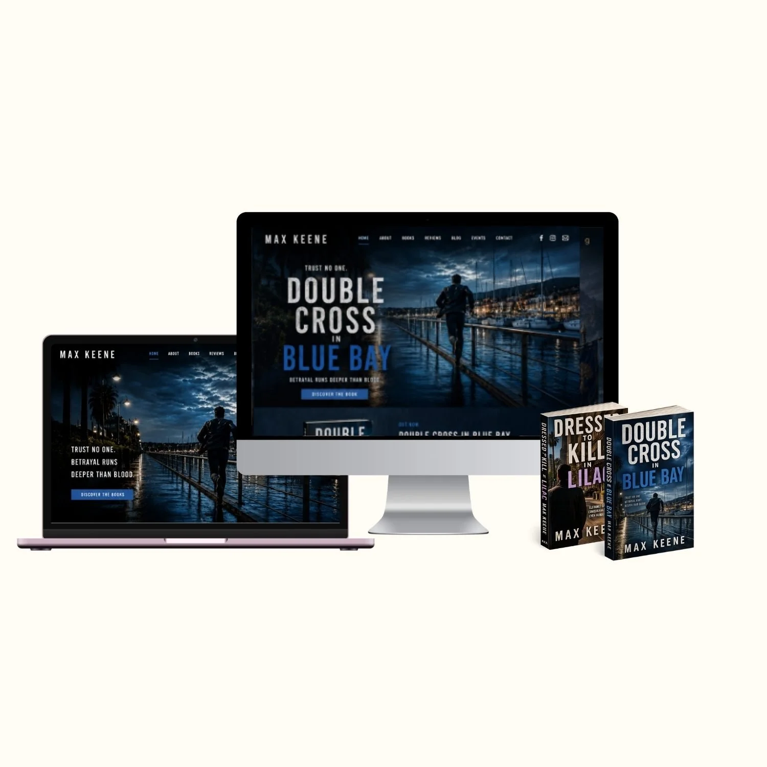 Display of a website, a tablet, and two books with the cover of a novel titled "Double Cross in Blue Bay" by Max Keene, featuring a man walking on a pier during the evening.