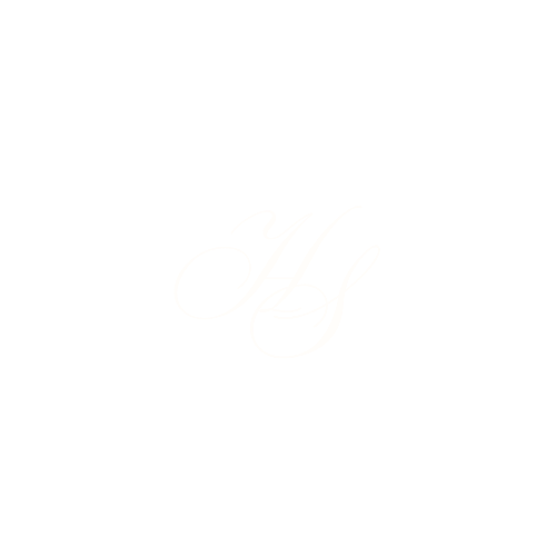A black background with a white oval and elegant script initials 'H S' inside.