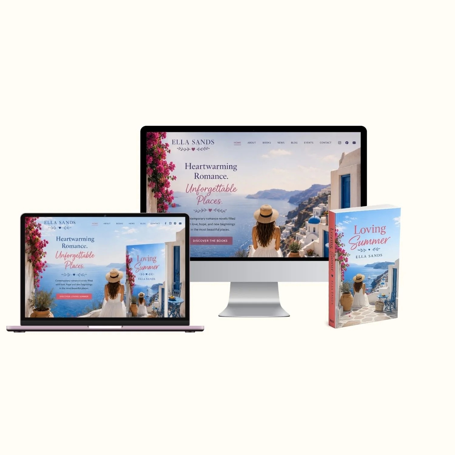 Digital devices and a paperback book displaying a travel blog or book titled "Loving Summer" by Ella Sands, showcasing a scenic view of white buildings with blue domes and a woman in a sunhat overlooking the sea.