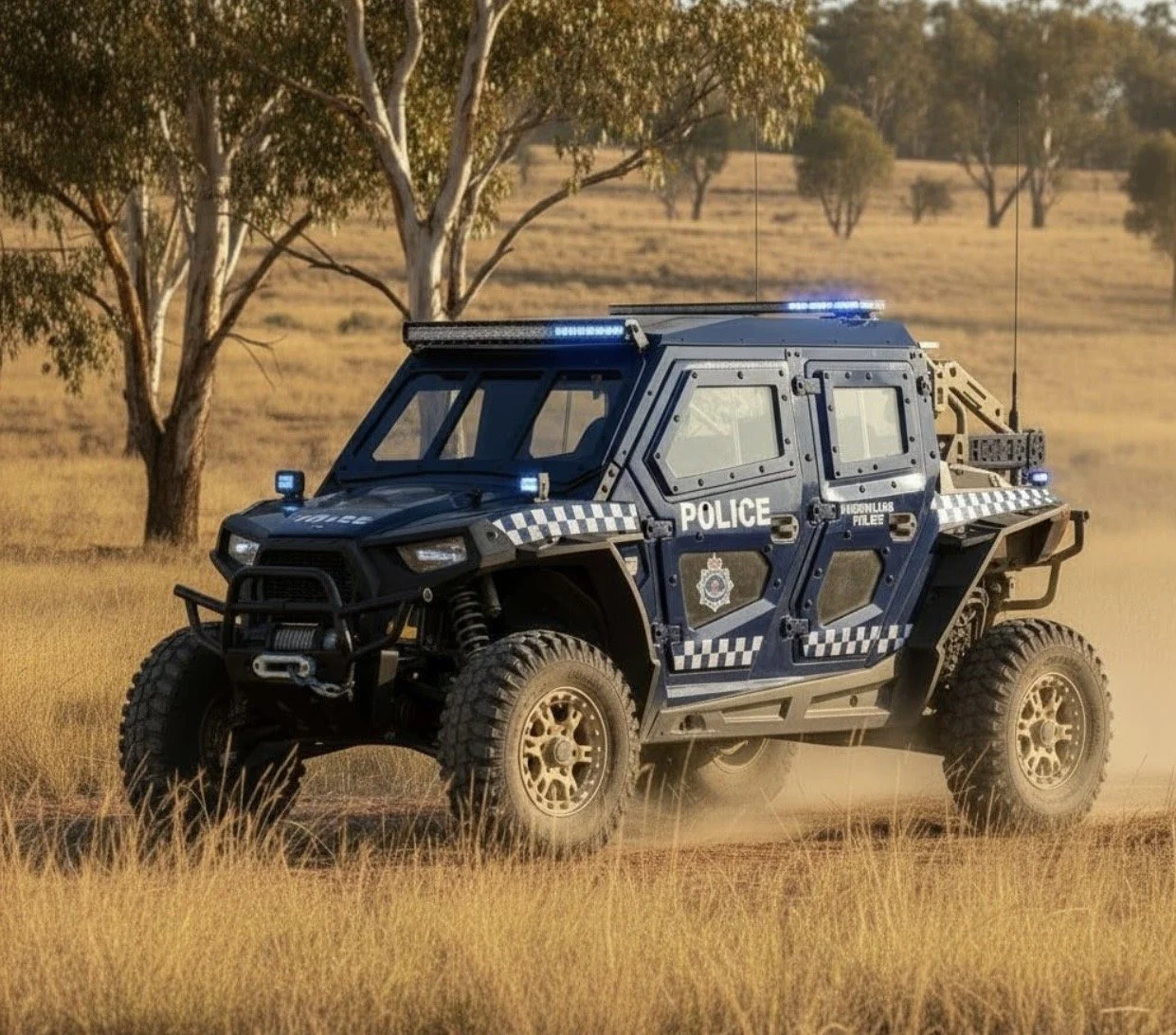 A police off-road vehicle driving through a grassy field with trees in the background, with blue lights flashing on top.