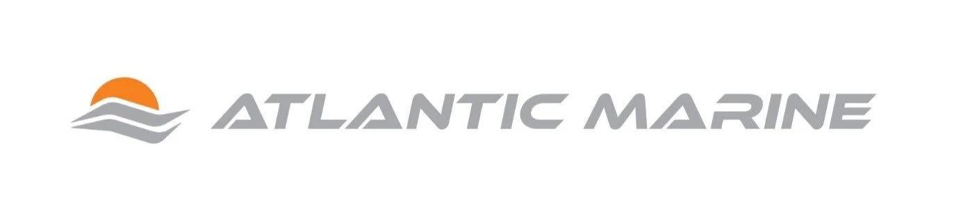 Logo for Atlantic Marine with orange sun, gray waves, and the company name in gray text