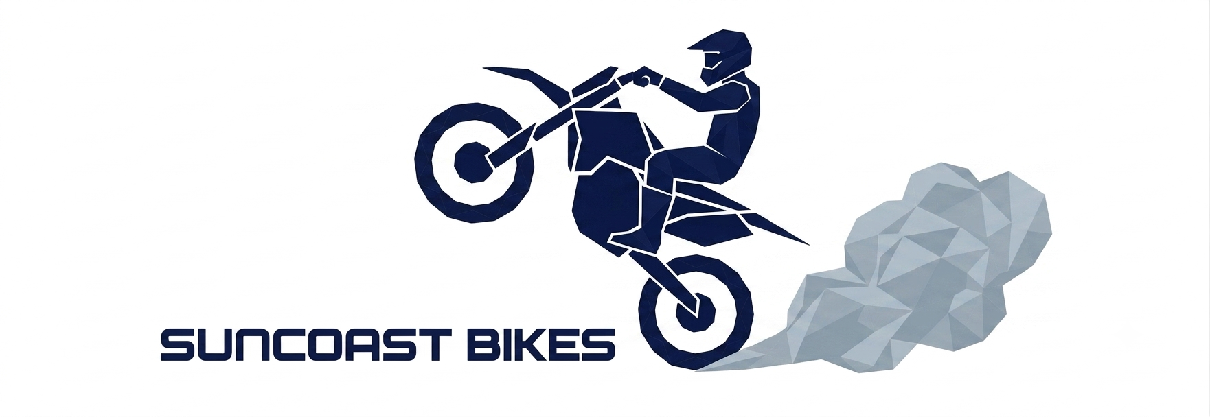 An abstract graphic of a motorcyclist performing a stunt, with a motorcycle kicking up dust or smoke, alongside the text 'SUNCOST BIKES'.