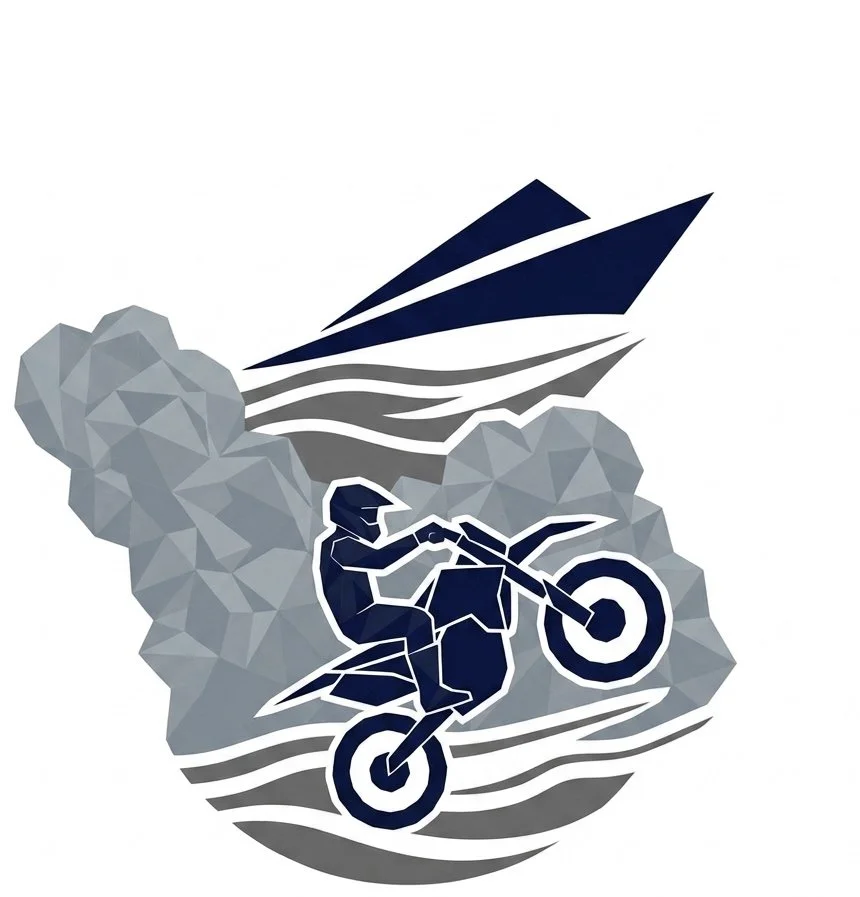 Illustration of a person riding a dirt bike with exhaust fumes in the background.