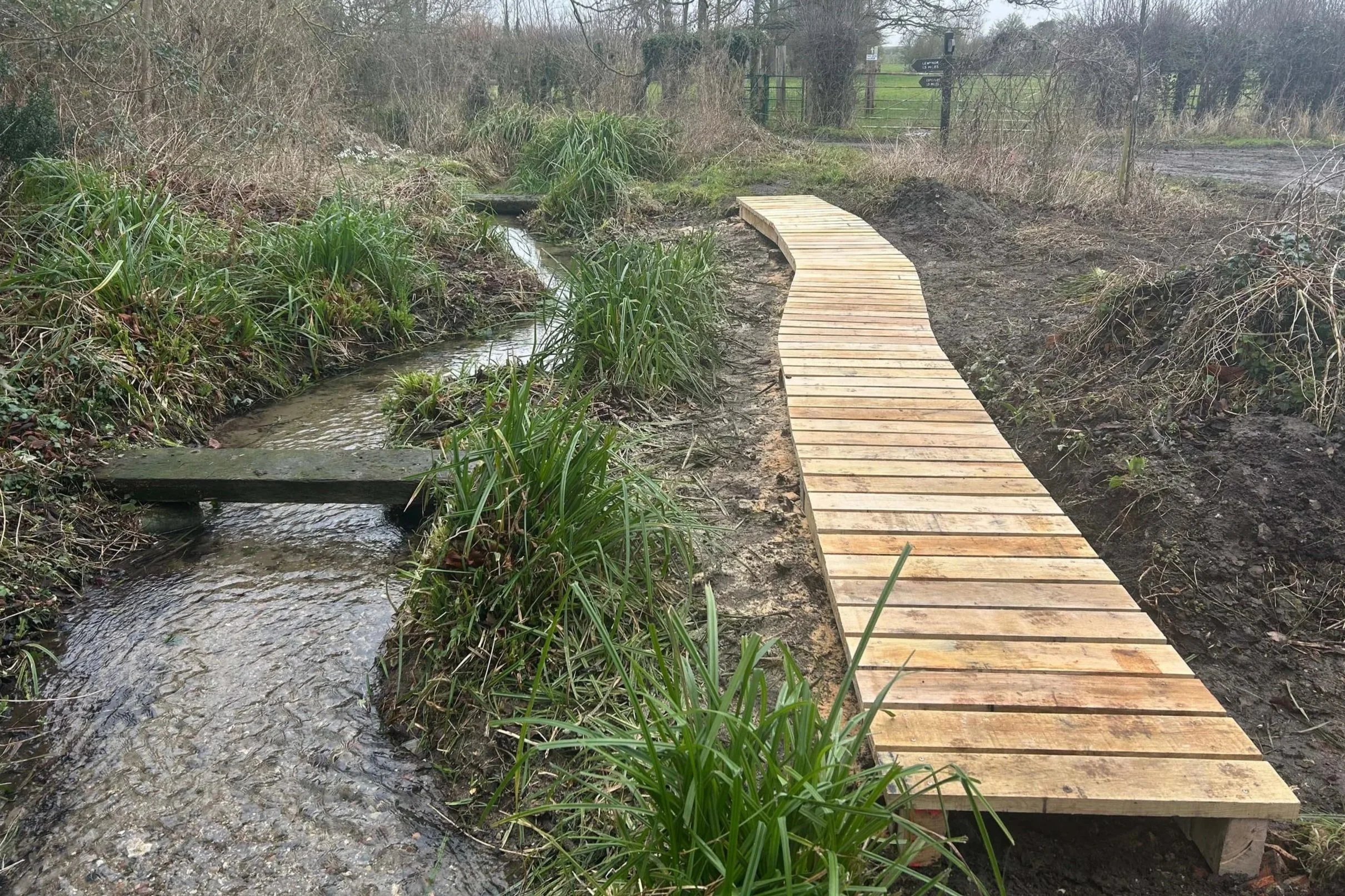 Wooden footbridge over a small stream in a rural area with tall grass and trees.