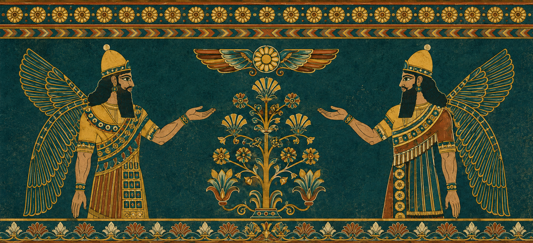 Ancient Persian-style artwork depicting two winged male figures dressed in gold and brown robes and Pointed Hats, reaching out to a central blooming tree with flowers, set against a dark background with decorative borders.