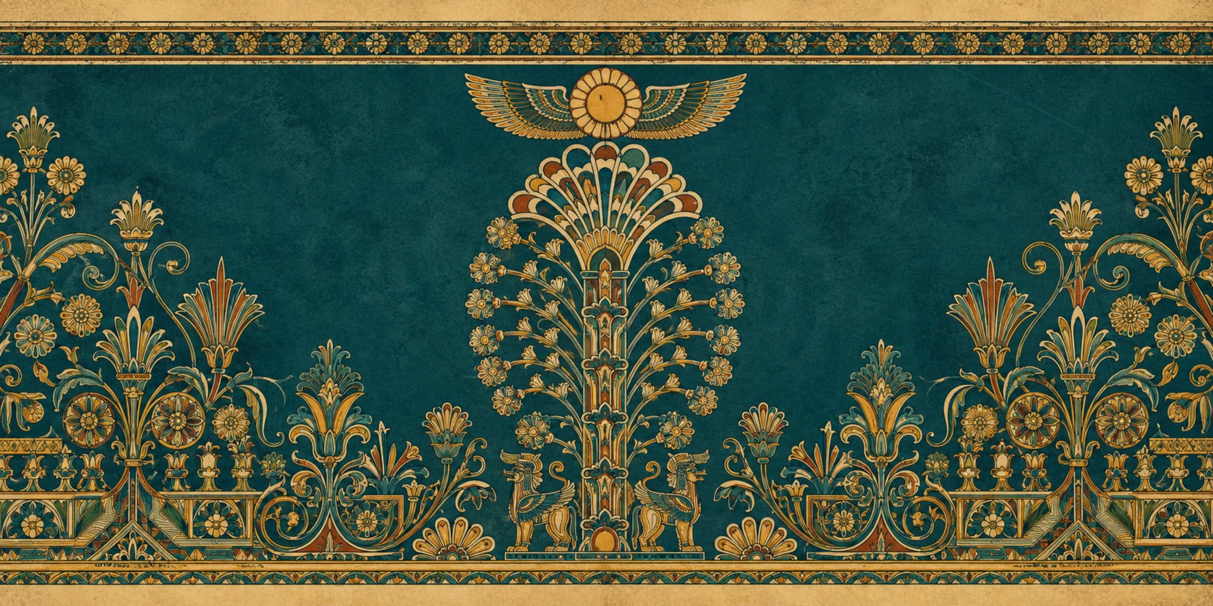 A decorative border featuring ornate gold floral and geometric patterns on a teal background, with the design resembling traditional Middle Eastern or Islamic art.