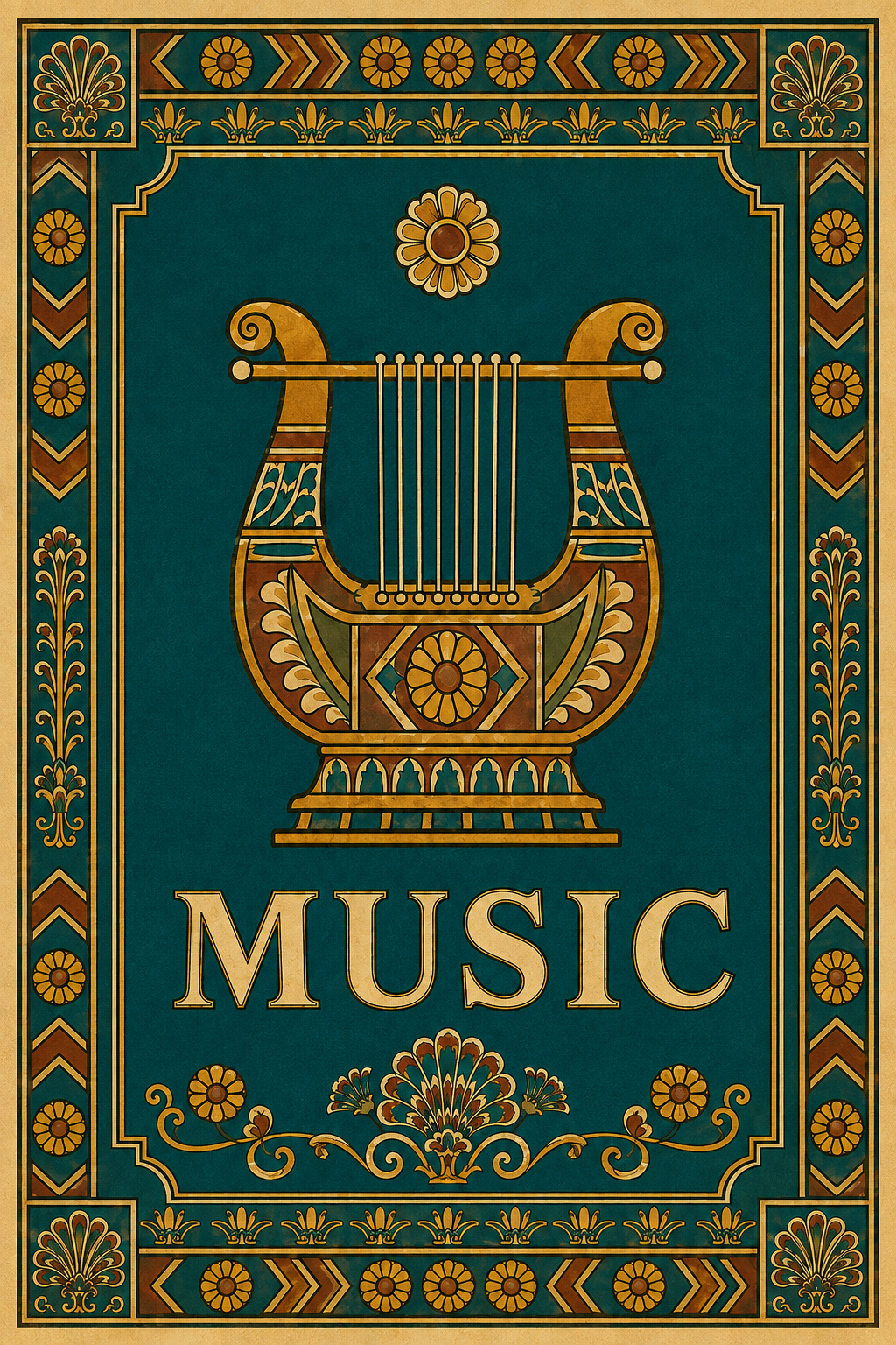 Decorative book cover with a harp illustration and the word 'Music' beneath it, featuring ornate floral and geometric patterns in gold and teal.