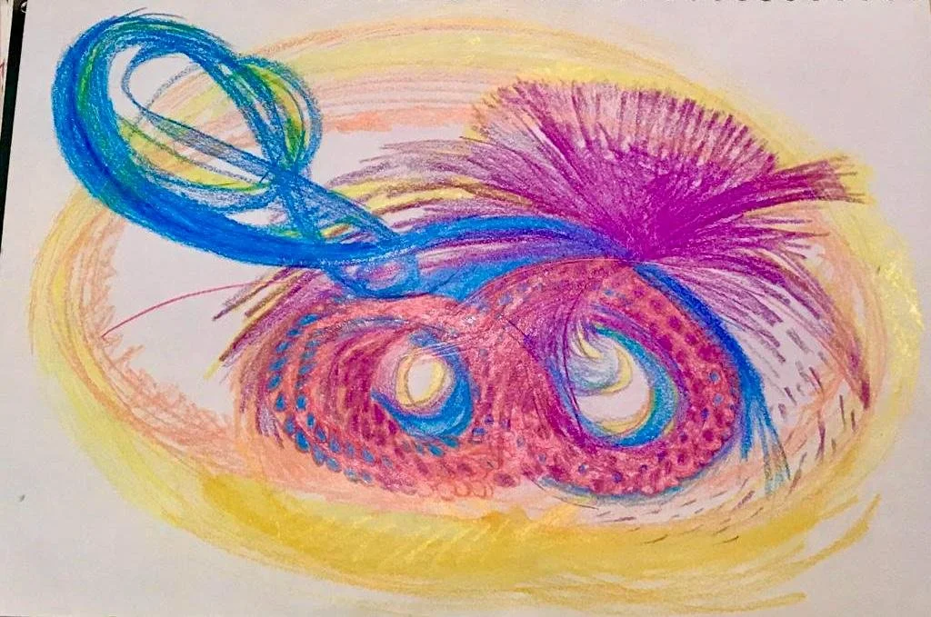 Colorful abstract drawing with scribbles of blue, pink, purple, and yellow on white paper.