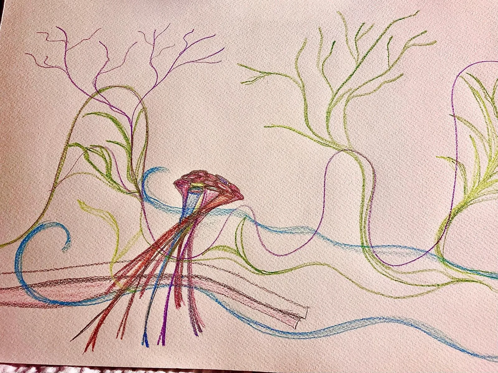 Colorful drawing of a bird and trees, with various lines and colors on a pink background.