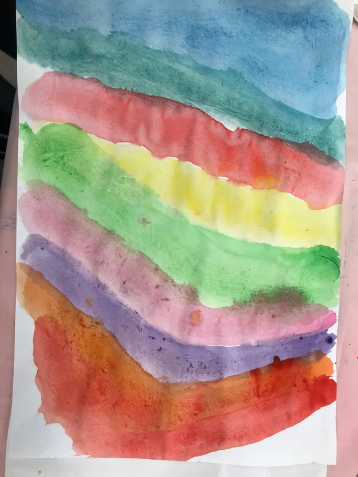 Abstract watercolor painting with horizontal bands of blue, green, yellow, purple, pink, and orange colors.