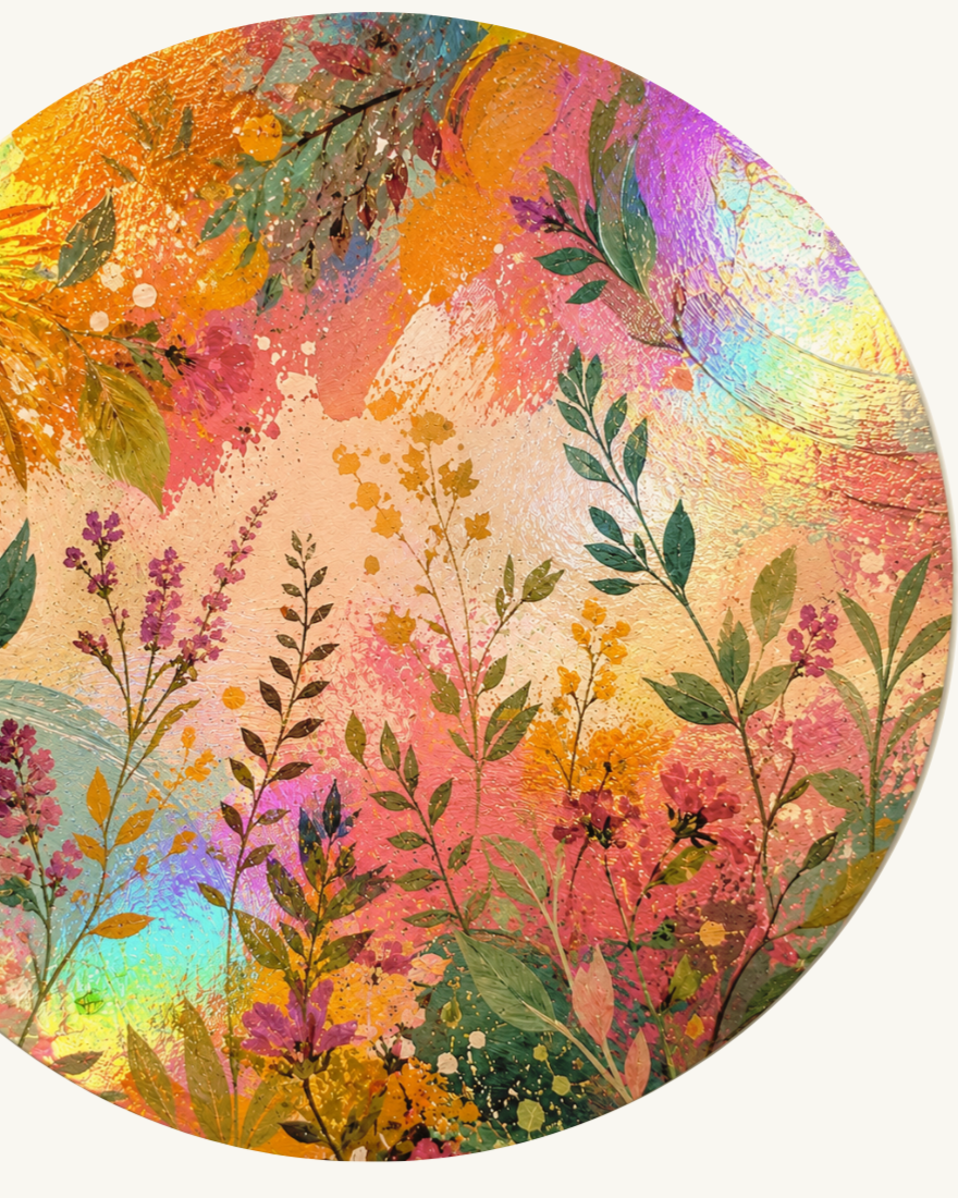 Colorful round plate with watercolor-style floral and leaf designs in shades of pink, orange, yellow, green, purple, and blue.