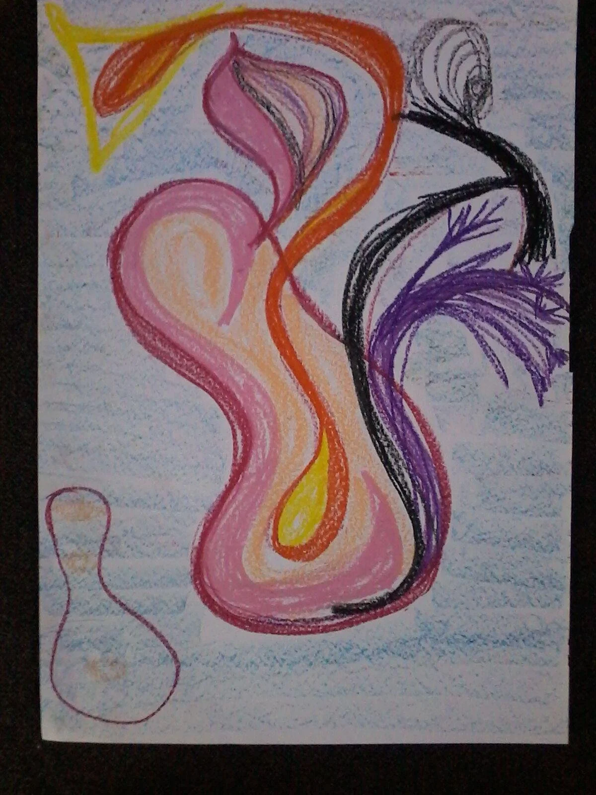A colorful abstract drawing featuring flowing lines and shapes in pink, purple, black, orange, yellow, and blue on white paper.