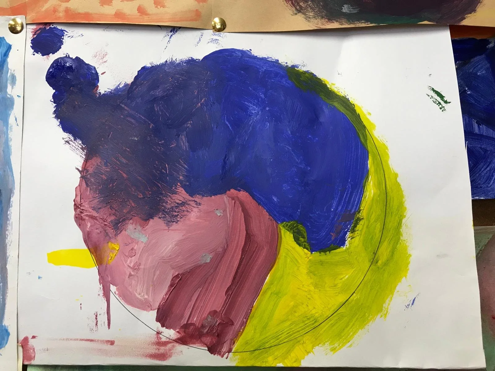 Abstract painting with swaths of blue, pink, green, and yellow paint.