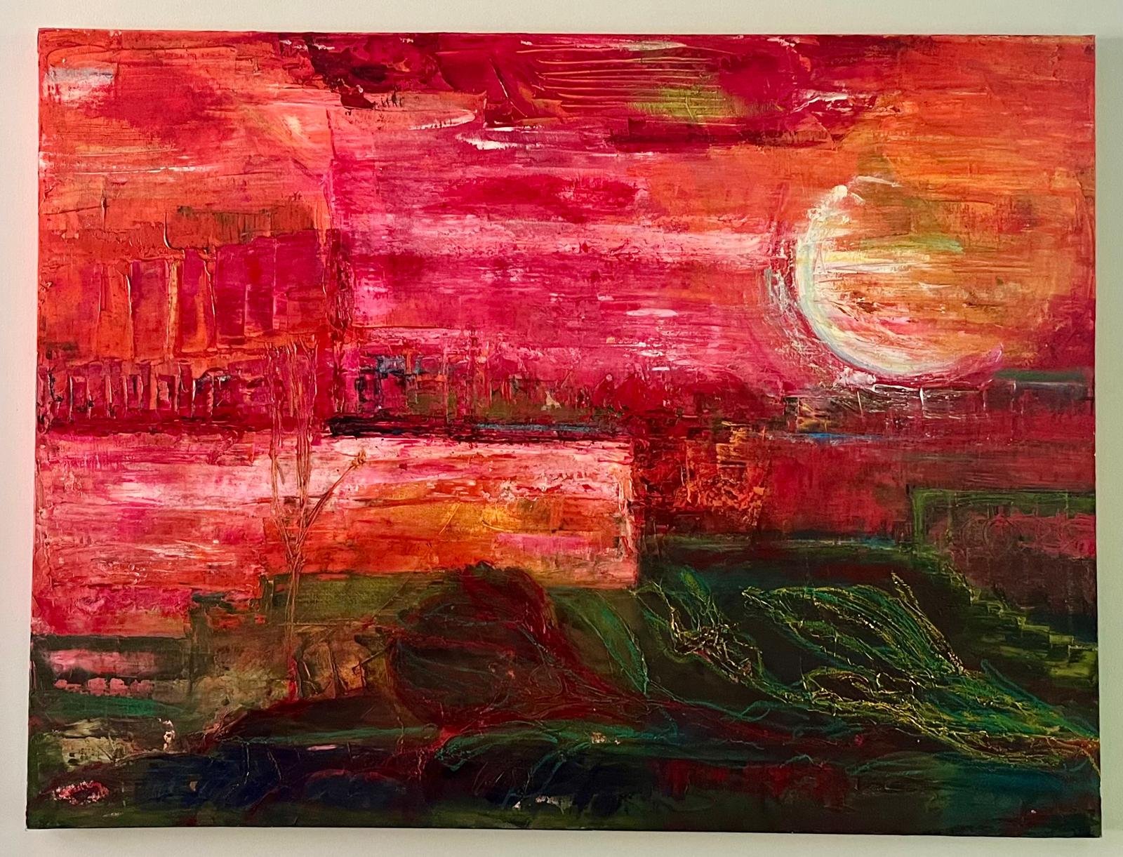 An abstract painting with dominant red, pink, and green tones depicting a sunset or sunrise over a landscape with a large, glowing moon in the sky.
