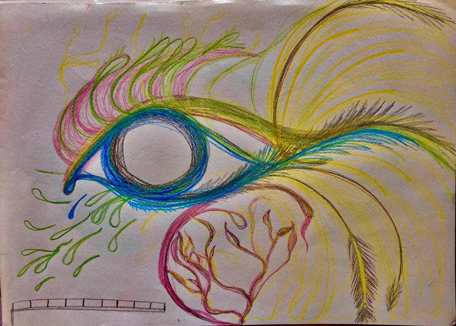 Colorful hand-drawn sketch of a human eye surrounded by abstract lines and shapes in pink, yellow, green, blue, and black.