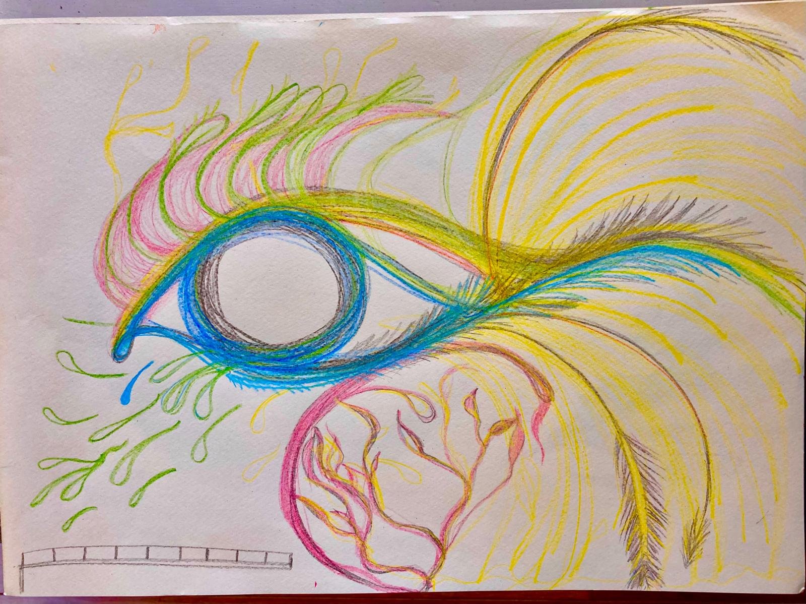Colorful sketch of an eye with surrounding abstract patterns in yellow, pink, green, blue, and black.