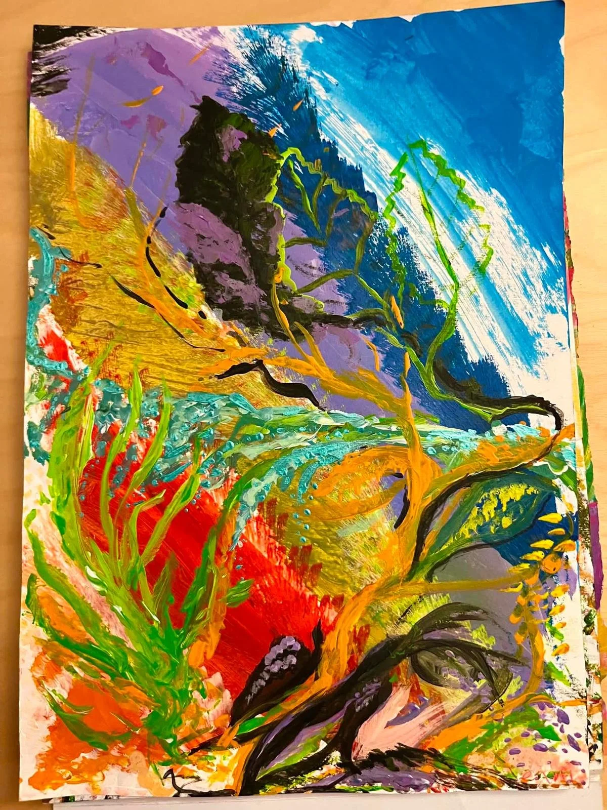 Abstract painting of a mountainous landscape using bright colors like red, yellow, green, purple, blue, and black with bold brushstrokes.