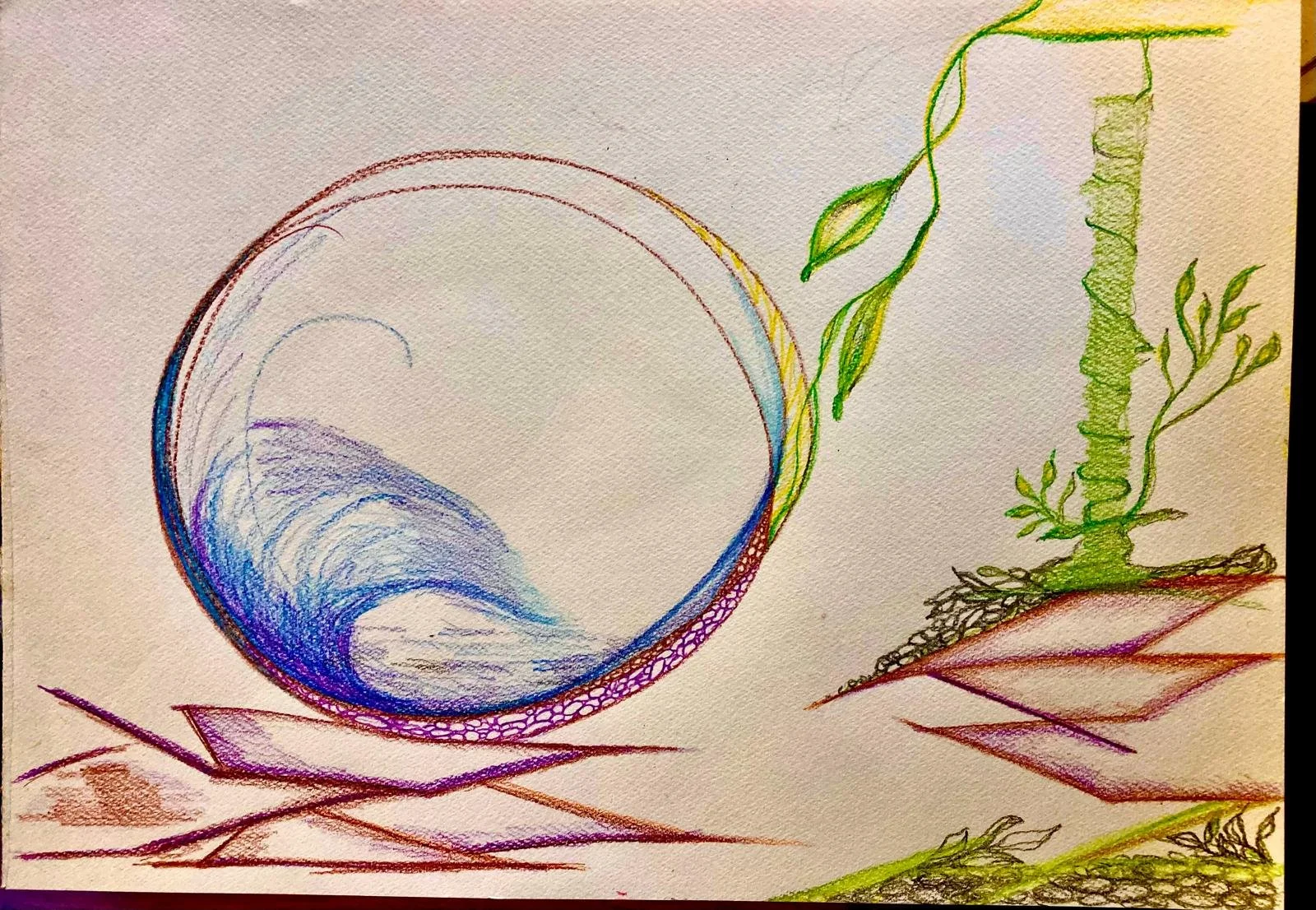 A colorful drawing of a large wave with a circular shape on the left side and a green vine with leaves on the right side, both on a white background.