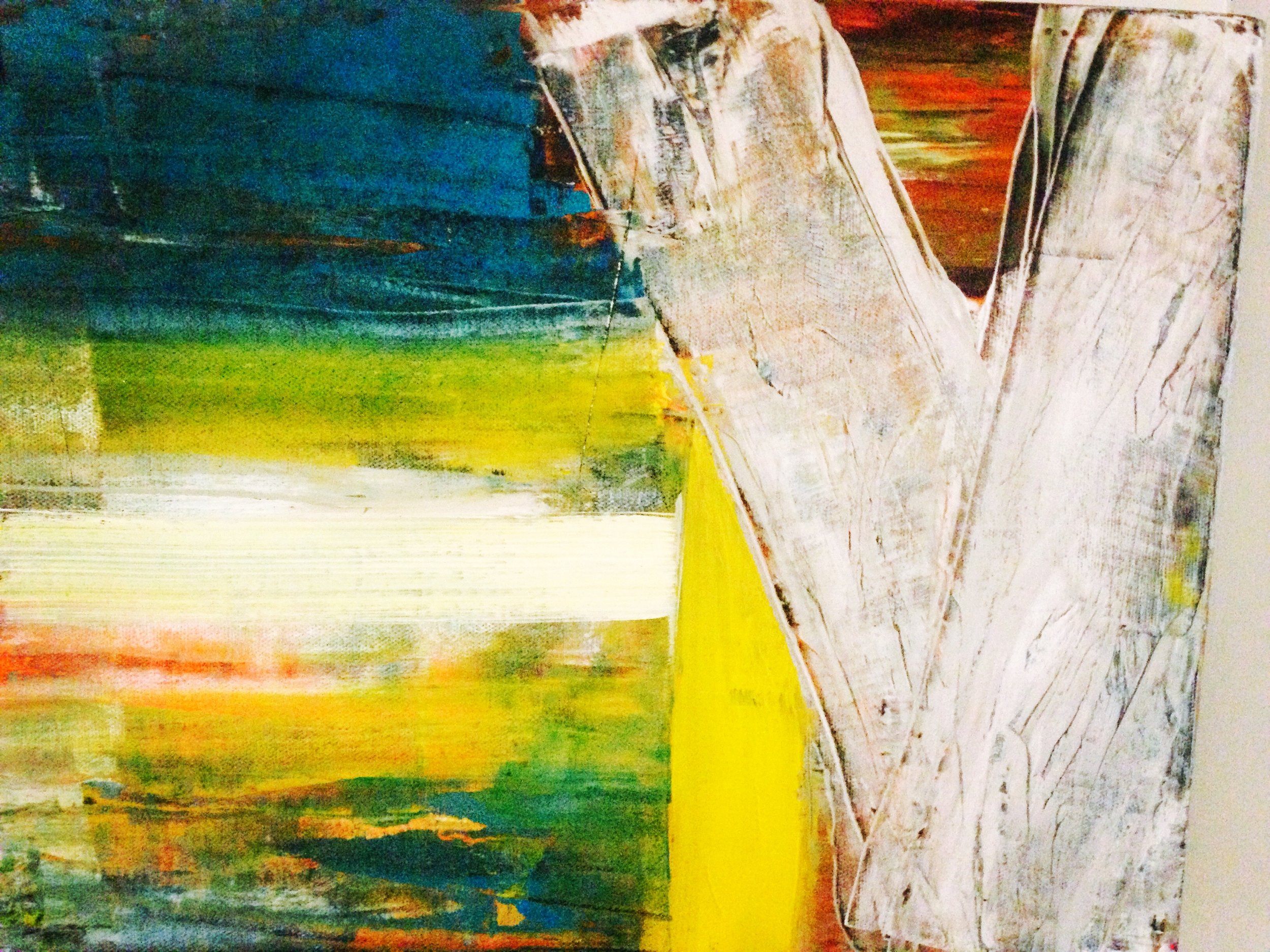 An abstract colorful painting with horizontal brushstrokes in shades of blue, green, yellow, orange, and white.