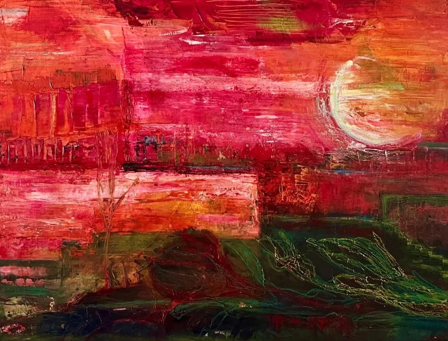 Abstract painting with red, pink, and orange hues, featuring a crescent moon in the upper right and bold, textured brushstrokes.