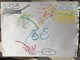 Child's drawing with various colors, including a yellow sun, red and yellow star, green cloud with writing, blue water drops, and some text.