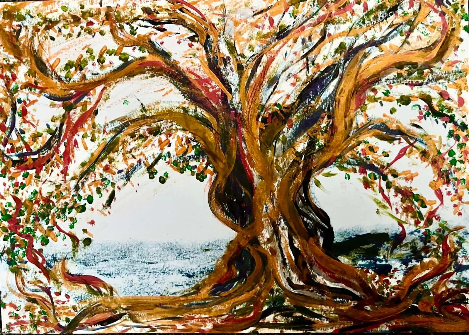 Abstract painting of a large, twisted tree with branches spreading in various directions, using earthy and colorful strokes on a white background.