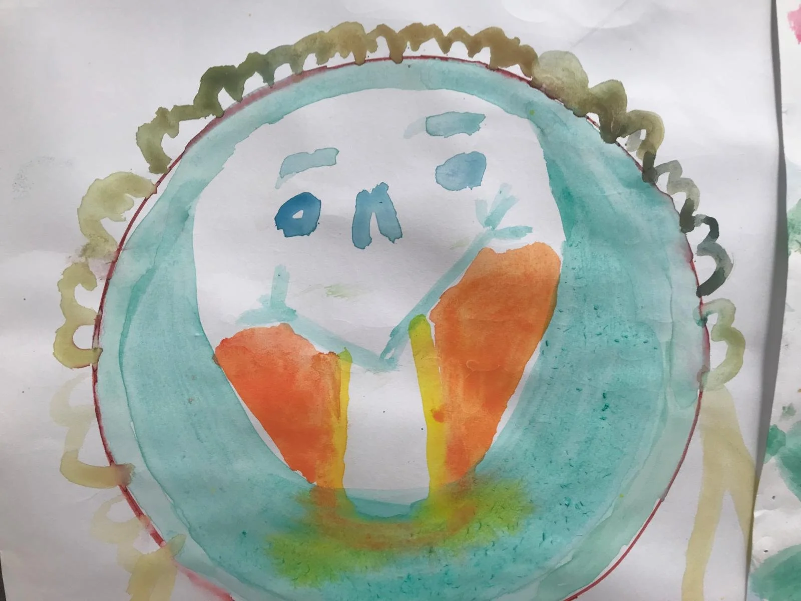 A colorful child’s painting of the Earth with a clock face in the center, surrounded by green, blue, orange, and yellow watercolor strokes.