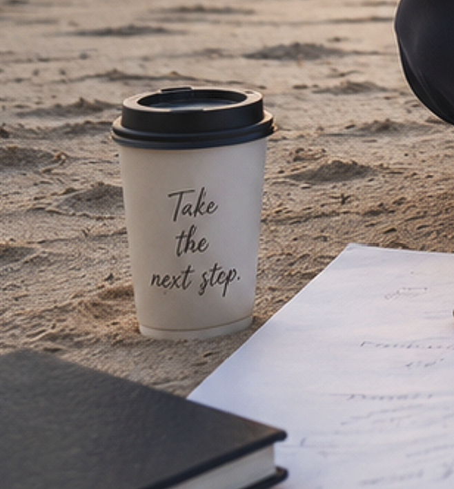 A take-out coffee cup on sandy ground with a closed black lid and the text "Take the next step" written on it, nearby a notebook and papers.