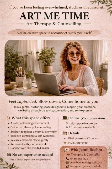 Poster for Art Me Time, an art therapy and counseling service offering online Zoom sessions, emphasizing calmness and self-reconnection, featuring a smiling woman with curly hair and sunglasses working on a laptop in a cozy room.