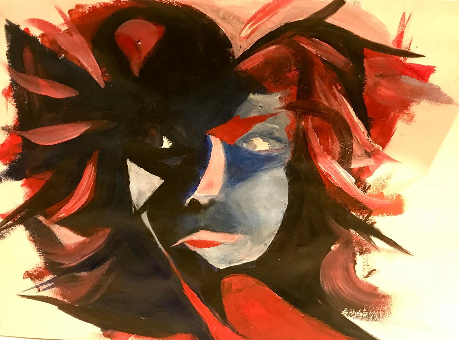 Abstract painting of a woman's face with bold black strokes, red accents, and hints of gray and white, highlighting her eyes and lips.