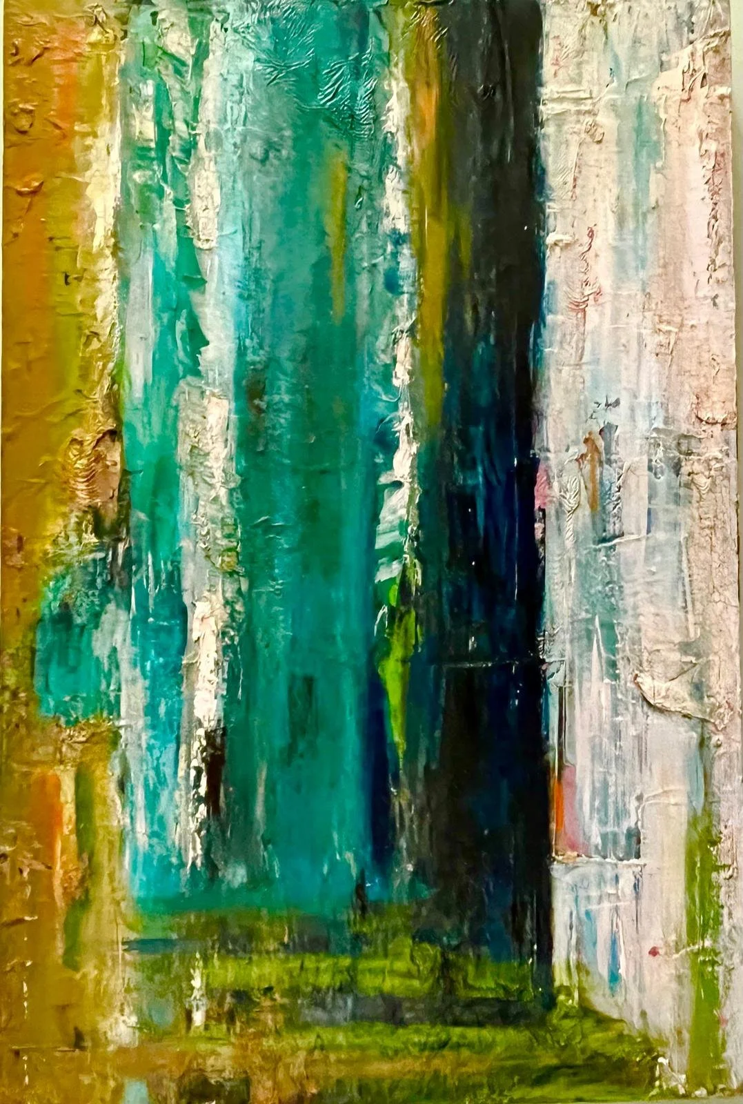 Abstract painting with vertical streaks of yellow, white, green, blue, and black paint.