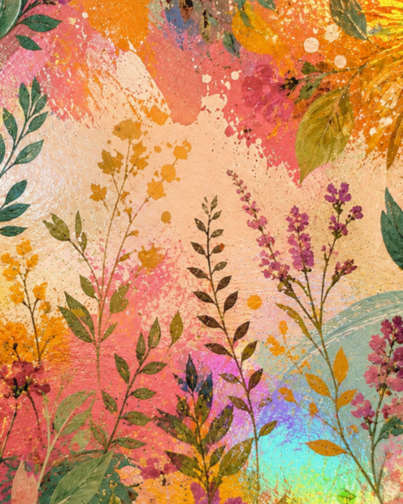 Colorful watercolor background with various painted leaves and foliage in pink, orange, purple, and green shades.