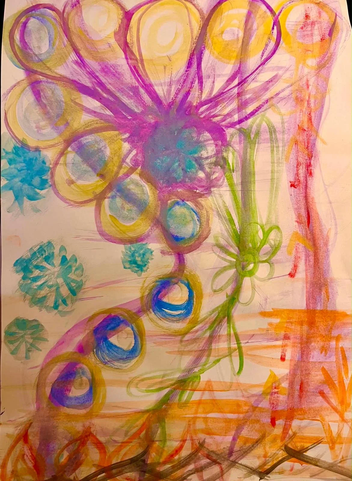 Colorful abstract drawing with circles, flowers, and lines in purple, yellow, blue, green, red, orange, and brown colors.
