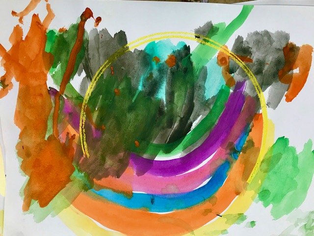 Abstract watercolor painting with vibrant splashes of orange, green, purple, blue, and gray, and a yellow circular outline.
