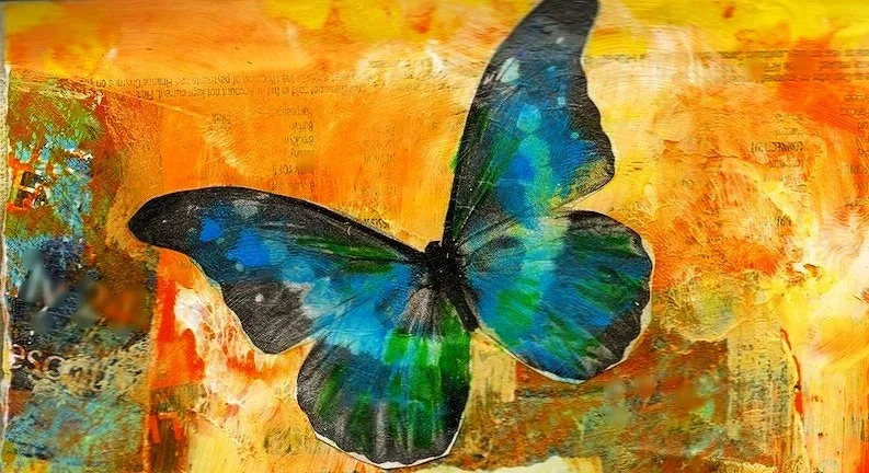Colorful abstract background with a large, vibrant blue and green butterfly in the center.