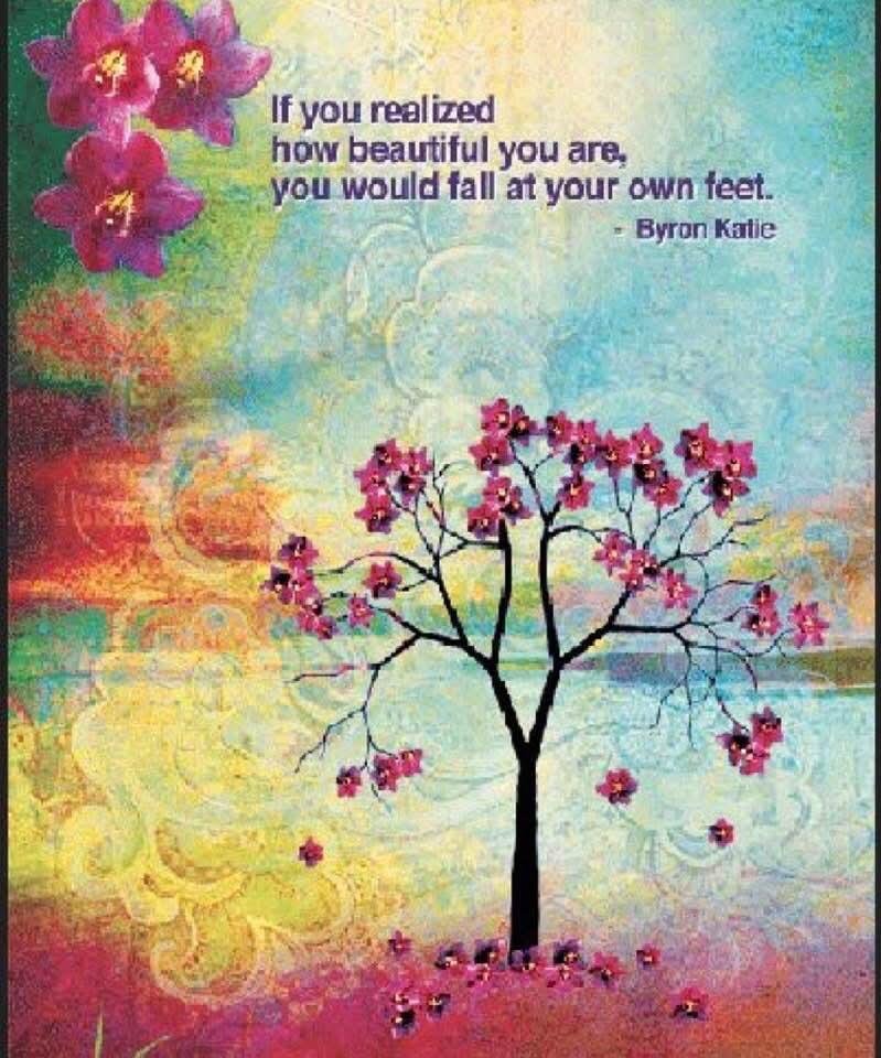 Colorful abstract background with a cherry blossom tree with pink flowers and a quote that reads, "If you realized how beautiful you are, you would fall at your own feet. - Byron Katie".