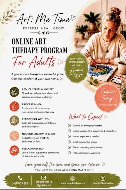 Promotional flyer for an online art therapy program for adults. Features a woman painting, various icons, and text detailing the program's benefits, expectations, and contact information.