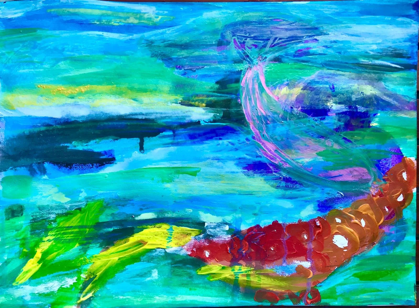 Colorful abstract painting with shades of blue, green, yellow, purple, and red, featuring broad brushstrokes and swirling patterns.
