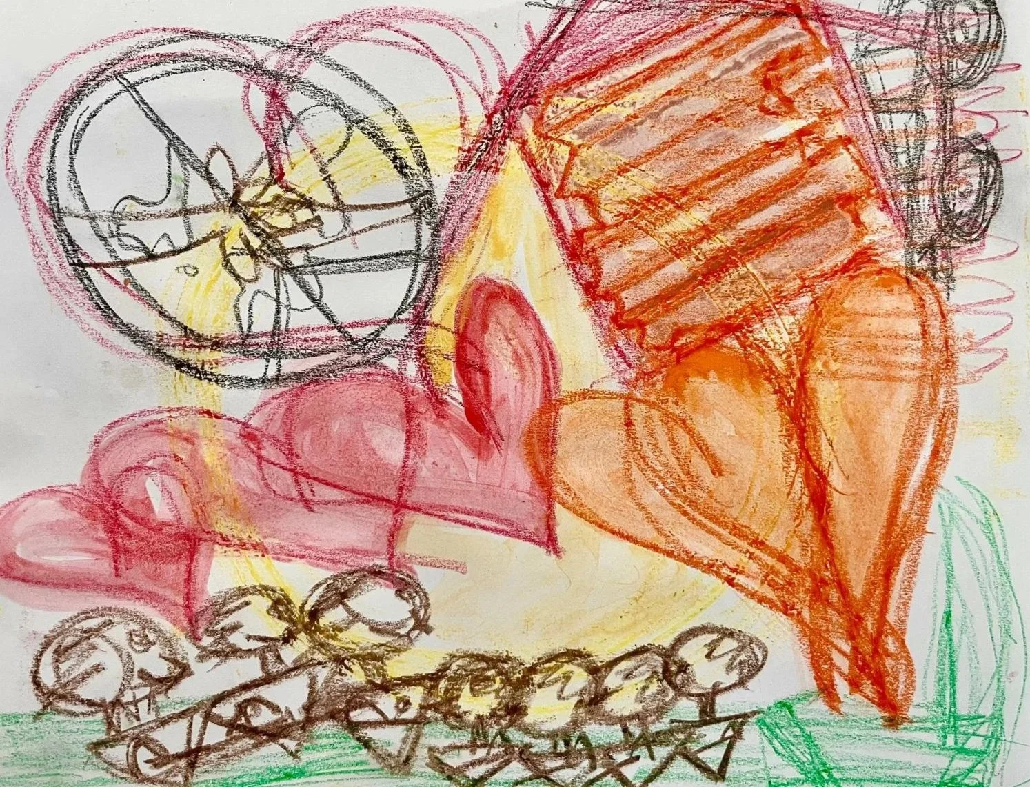 Children's colorful crayon drawing of a slice of pizza with pepperoni, surrounded by hearts, tomatoes, and trees.