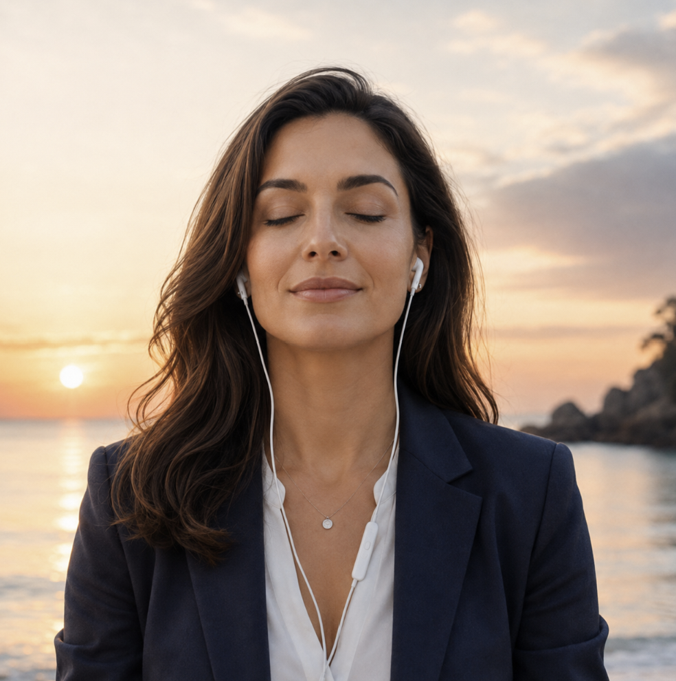 A woman with long brown hair and closed eyes, wearing a navy blazer and white shirt, listening to Jenni's meditation recording with earbuds, outdoors at sunset near water.
